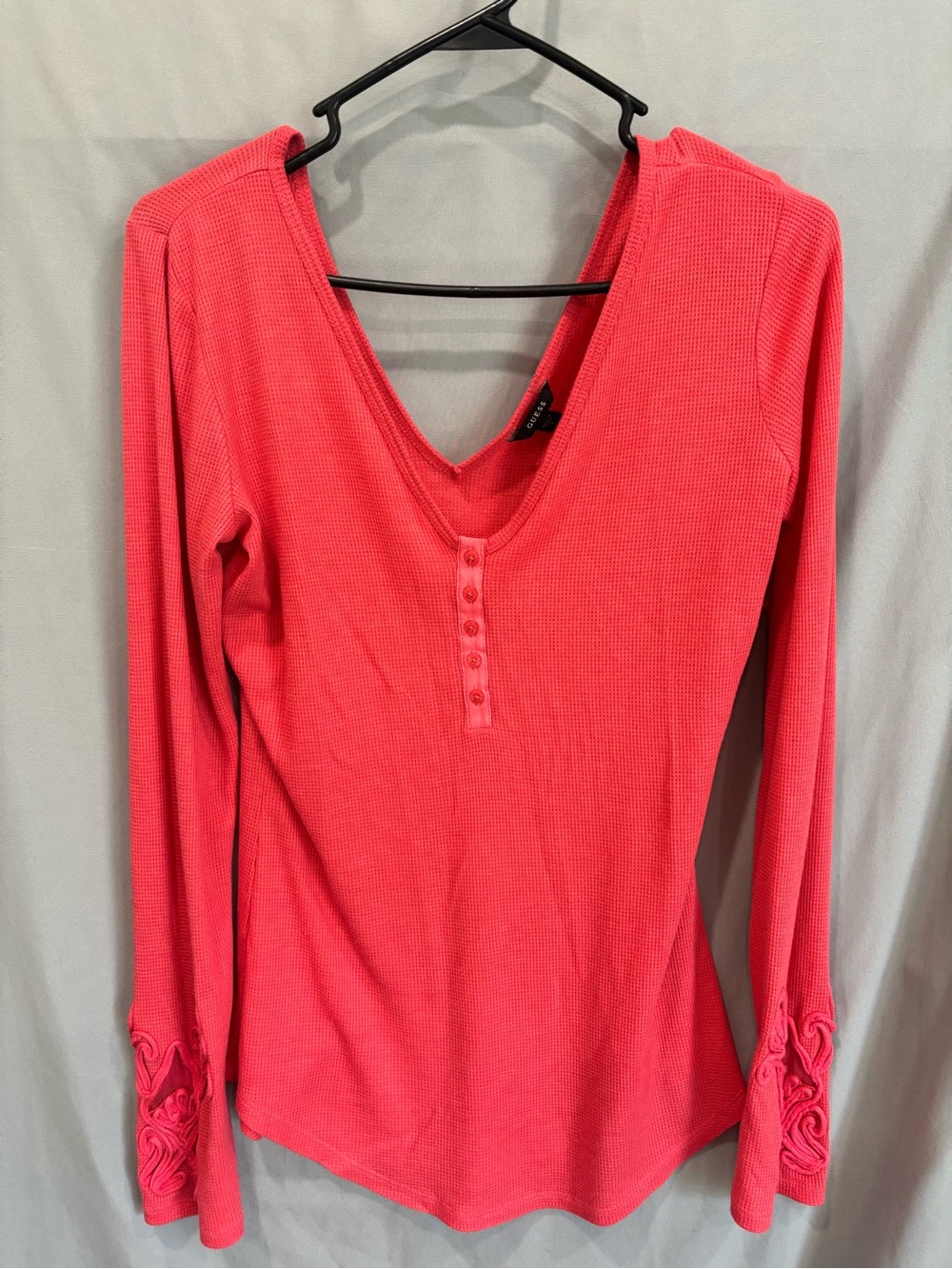 Guess Coral Pink Long-Sleeve Henley Top with Embroidered Cuffs